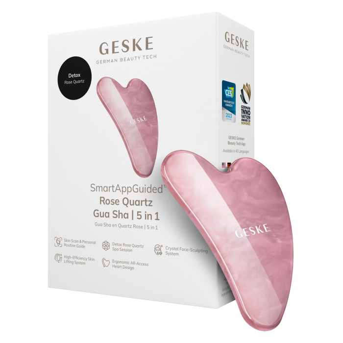 Масажер-скребок гуаша із рожевого кварцу GESKE SmartAppGuided Rose Quartz Gua Sha 5в1