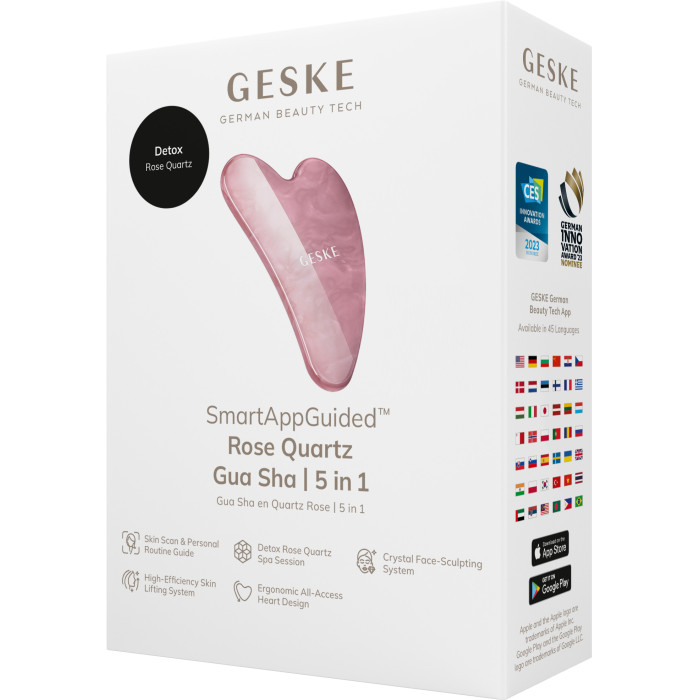 Масажер-скребок гуаша із рожевого кварцу GESKE SmartAppGuided Rose Quartz Gua Sha 5в1