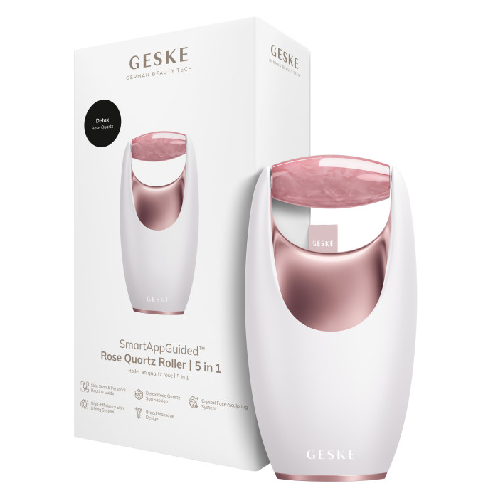 Ролер-масажер для обличчя з рожевим кварцом GESKE SmartAppGuided Rose Quartz Roller 5in1 starlight