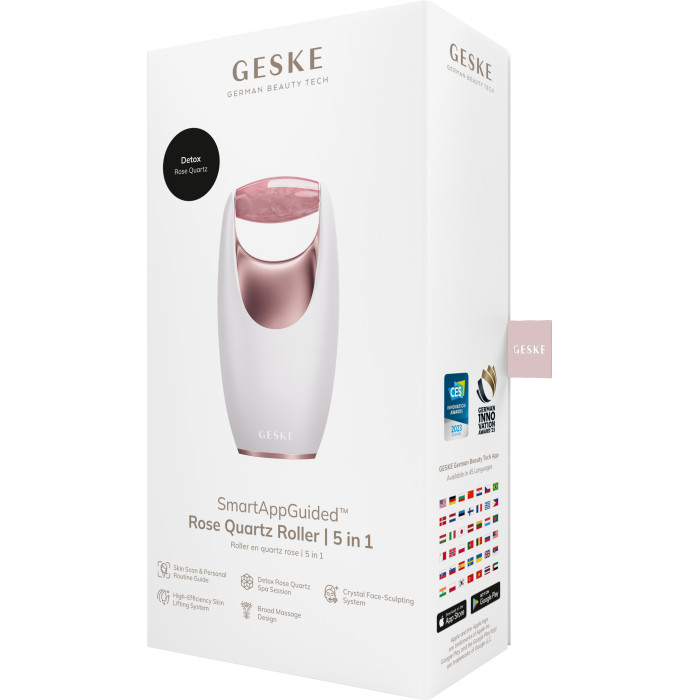 Ролер-масажер для обличчя з рожевим кварцом GESKE SmartAppGuided Rose Quartz Roller 5in1 starlight