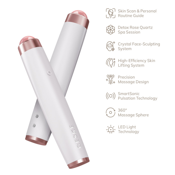 Ручка-масажер для обличчя з рожевим кварцом GESKE SmartAppGuided Sonic Rose Quartz LED Depuffing Pen 8in1 starlight