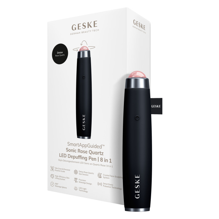 Ручка-масажер для обличчя з рожевим кварцом GESKE SmartAppGuided Sonic Rose Quartz LED Depuffing Pen 8in1 black