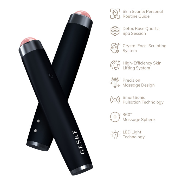 Ручка-масажер для обличчя з рожевим кварцом GESKE SmartAppGuided Sonic Rose Quartz LED Depuffing Pen 8in1 black