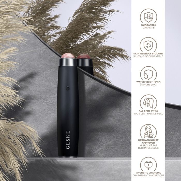 Ручка-масажер для обличчя з рожевим кварцом GESKE SmartAppGuided Sonic Rose Quartz LED Depuffing Pen 8in1 black