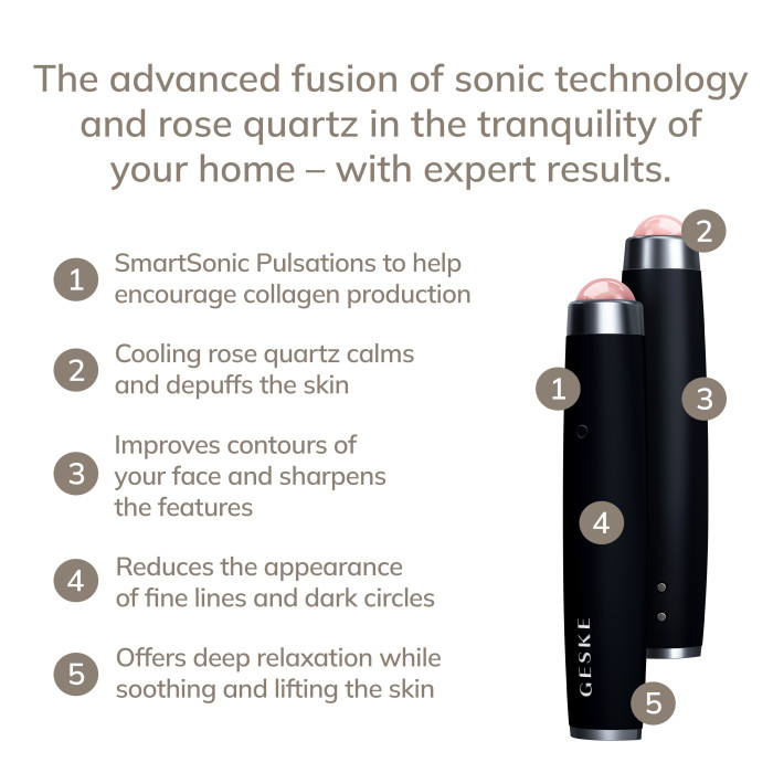 Ручка-масажер для обличчя з рожевим кварцом GESKE SmartAppGuided Sonic Rose Quartz LED Depuffing Pen 8in1 black