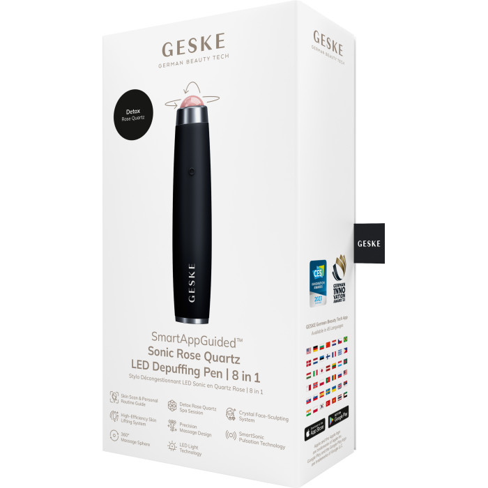 Ручка-масажер для обличчя з рожевим кварцом GESKE SmartAppGuided Sonic Rose Quartz LED Depuffing Pen 8in1 black