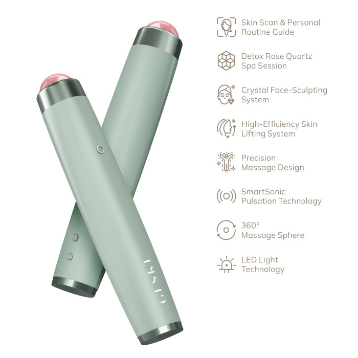 Ручка-масажер для обличчя з рожевим кварцом GESKE SmartAppGuided Sonic Rose Quartz LED Depuffing Pen 8in1 green