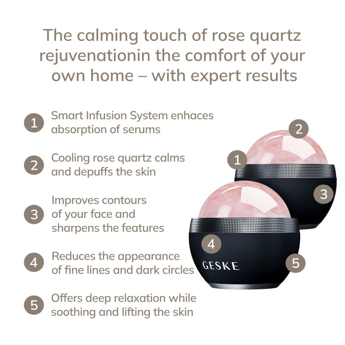 Кульковий масажер з рожевим кварцом GESKE SmartAppGuided Rose Quartz Depuffing Sphere 7in1 black