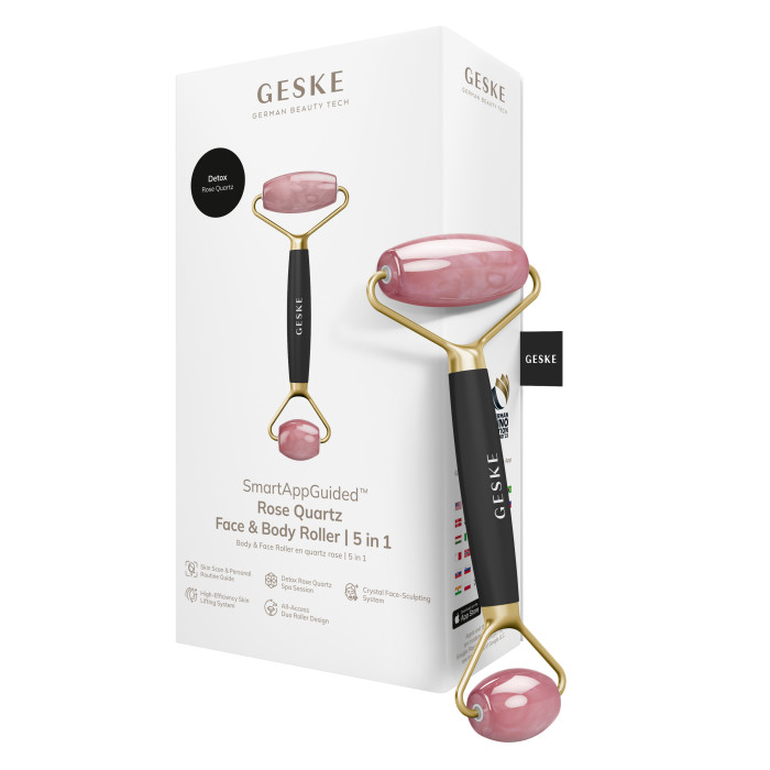 Ролер-масажер для обличчя та тіла з рожевим кварцом GESKE SmartAppGuided Rose Quartz Face & Body Roller 5in1 gray