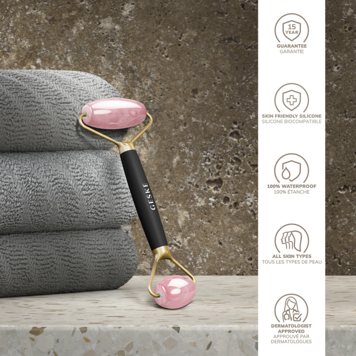 Ролер-масажер для обличчя та тіла з рожевим кварцом GESKE SmartAppGuided Rose Quartz Face & Body Roller 5in1 gray