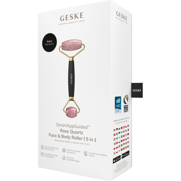 Ролер-масажер для обличчя та тіла з рожевим кварцом GESKE SmartAppGuided Rose Quartz Face & Body Roller 5in1 gray