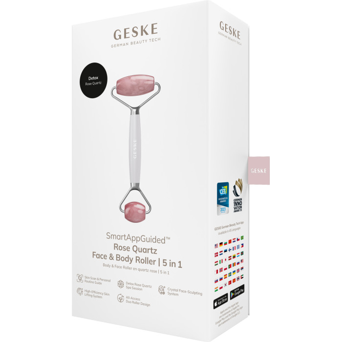 Ролер-масажер для обличчя та тіла з рожевим кварцом GESKE SmartAppGuided Rose Quartz Face & Body Roller 5in1 starlight