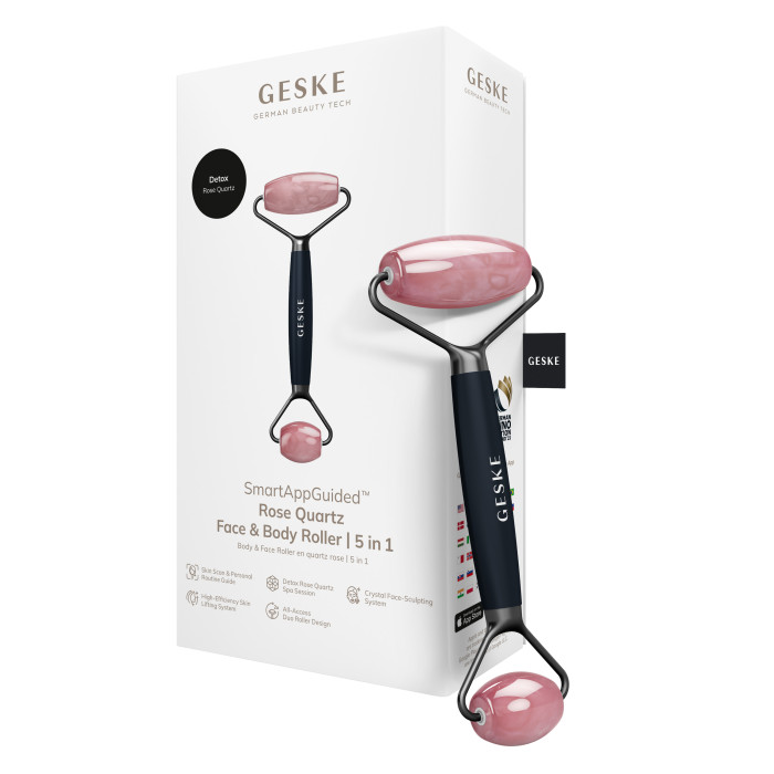 Ролер-масажер для обличчя та тіла з рожевим кварцом GESKE SmartAppGuided Rose Quartz Face & Body Roller 5in1 black