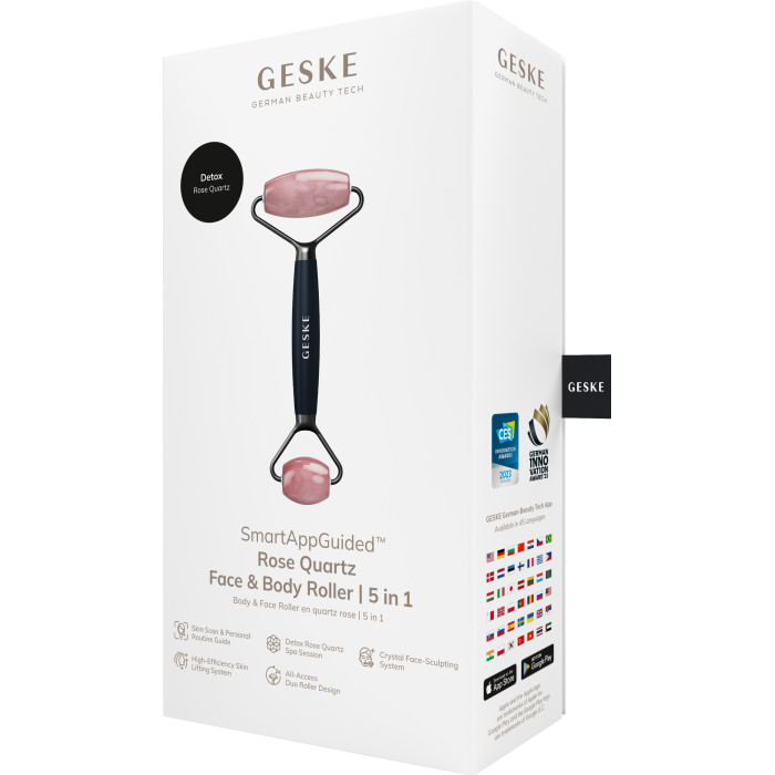 Ролер-масажер для обличчя та тіла з рожевим кварцом GESKE SmartAppGuided Rose Quartz Face & Body Roller 5in1 black