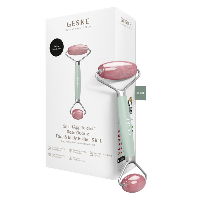 Ролер-масажер для обличчя та тіла з рожевим кварцом GESKE SmartAppGuided Rose Quartz Face & Body Roller 5in1 green