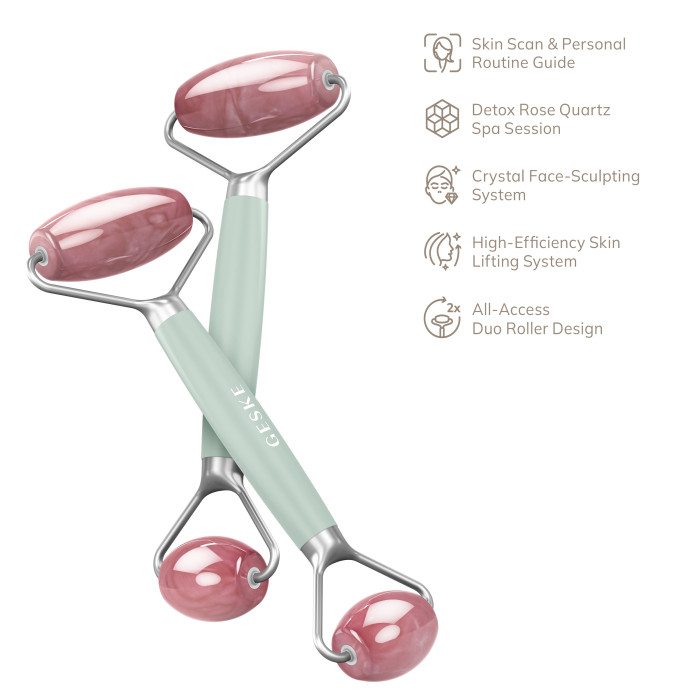 Ролер-масажер для обличчя та тіла з рожевим кварцом GESKE SmartAppGuided Rose Quartz Face & Body Roller 5in1 green