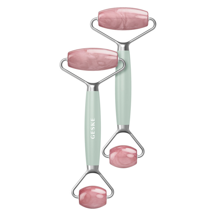 Ролер-масажер для обличчя та тіла з рожевим кварцом GESKE SmartAppGuided Rose Quartz Face & Body Roller 5in1 green