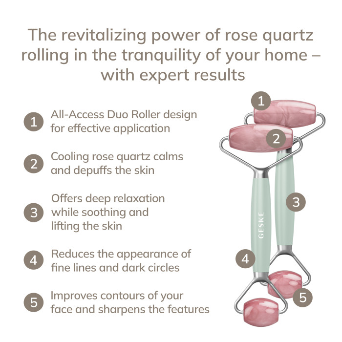 Ролер-масажер для обличчя та тіла з рожевим кварцом GESKE SmartAppGuided Rose Quartz Face & Body Roller 5in1 green