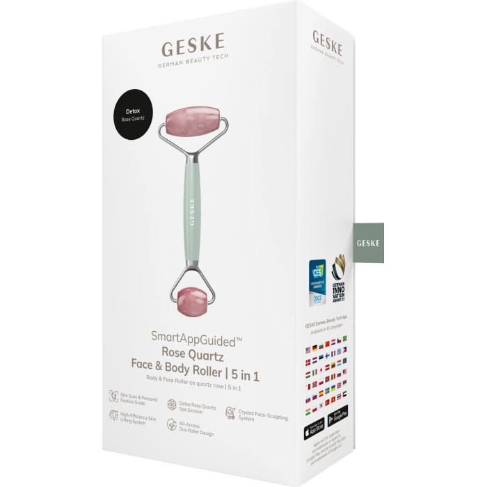 Ролер-масажер для обличчя та тіла з рожевим кварцом GESKE SmartAppGuided Rose Quartz Face & Body Roller 5in1 green
