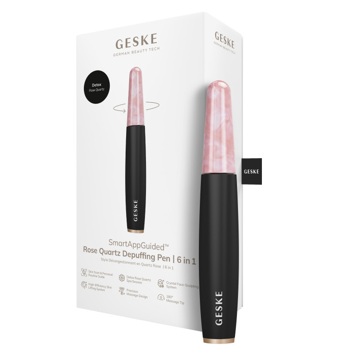 Ручка-масажер для обличчя з рожевим кварцом GESKE SmartAppGuided Rose Quartz & Depuffing Pen 6in1 gray