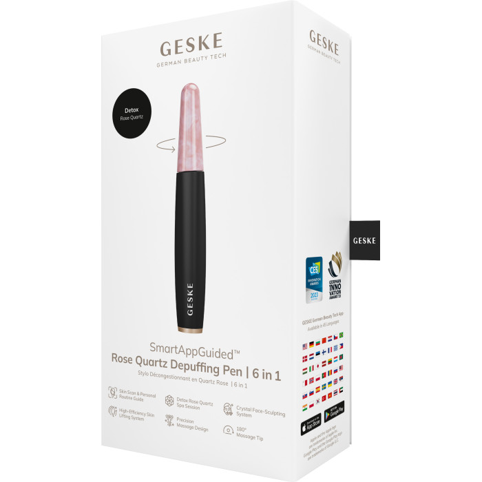 Ручка-масажер для обличчя з рожевим кварцом GESKE SmartAppGuided Rose Quartz & Depuffing Pen 6in1 gray