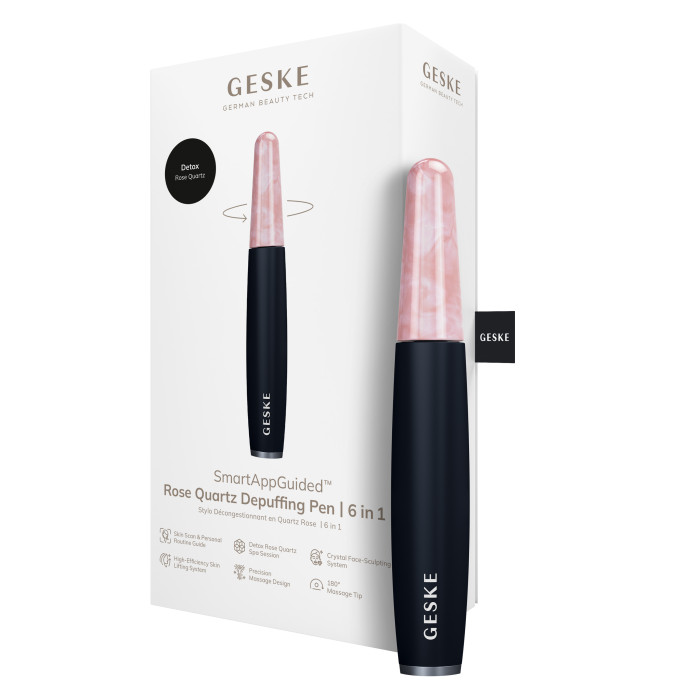 Ручка-масажер для обличчя з рожевим кварцом GESKE SmartAppGuided Rose Quartz & Depuffing Pen 6in1 black