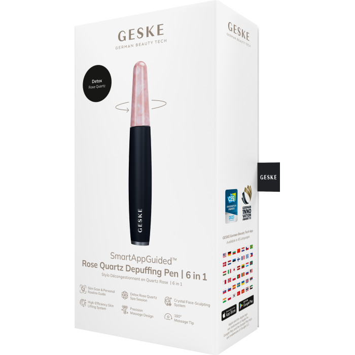Ручка-масажер для обличчя з рожевим кварцом GESKE SmartAppGuided Rose Quartz & Depuffing Pen 6in1 black