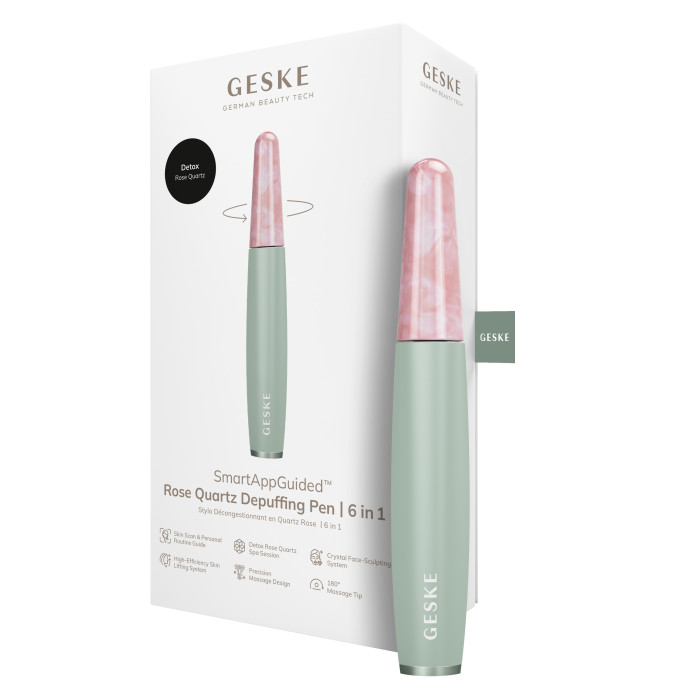 Ручка-масажер для обличчя з рожевим кварцом GESKE SmartAppGuided Rose Quartz & Depuffing Pen 6in1 green