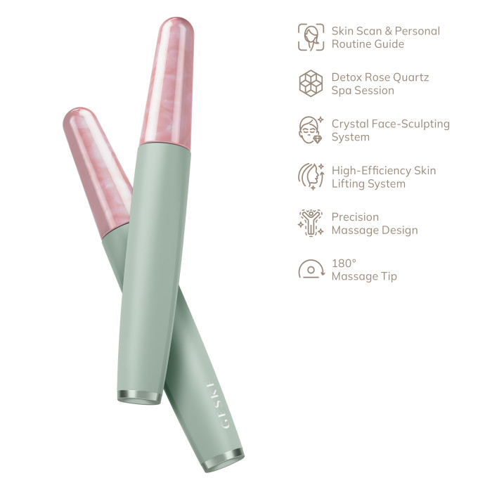 Ручка-масажер для обличчя з рожевим кварцом GESKE SmartAppGuided Rose Quartz & Depuffing Pen 6in1 green