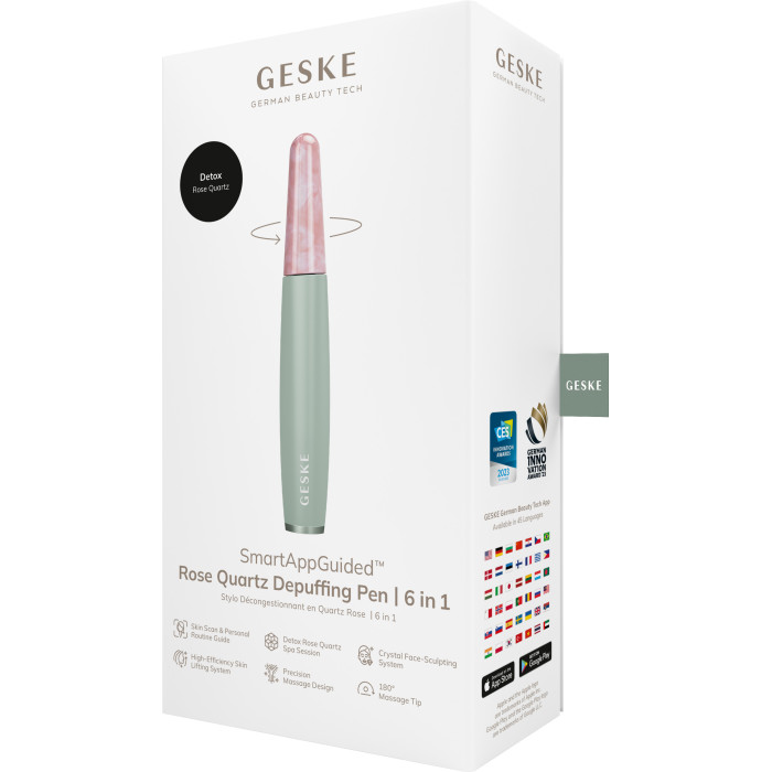 Ручка-масажер для обличчя з рожевим кварцом GESKE SmartAppGuided Rose Quartz & Depuffing Pen 6in1 green