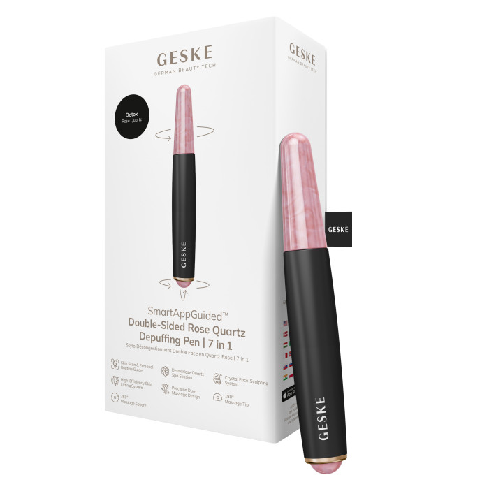 Ручка-масажер для обличчя з рожевим кварцом GESKE SmartAppGuided Double-Sided Rose Quartz Depuffing Pen 7в1 gray