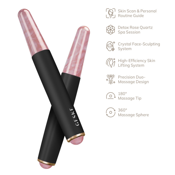 Ручка-масажер для обличчя з рожевим кварцом GESKE SmartAppGuided Double-Sided Rose Quartz Depuffing Pen 7в1 gray