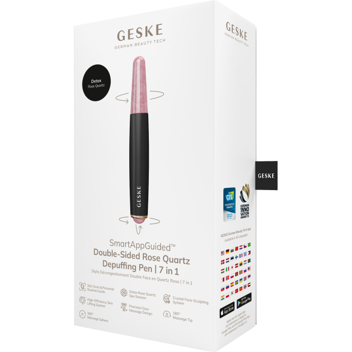 Ручка-масажер для обличчя з рожевим кварцом GESKE SmartAppGuided Double-Sided Rose Quartz Depuffing Pen 7в1 gray