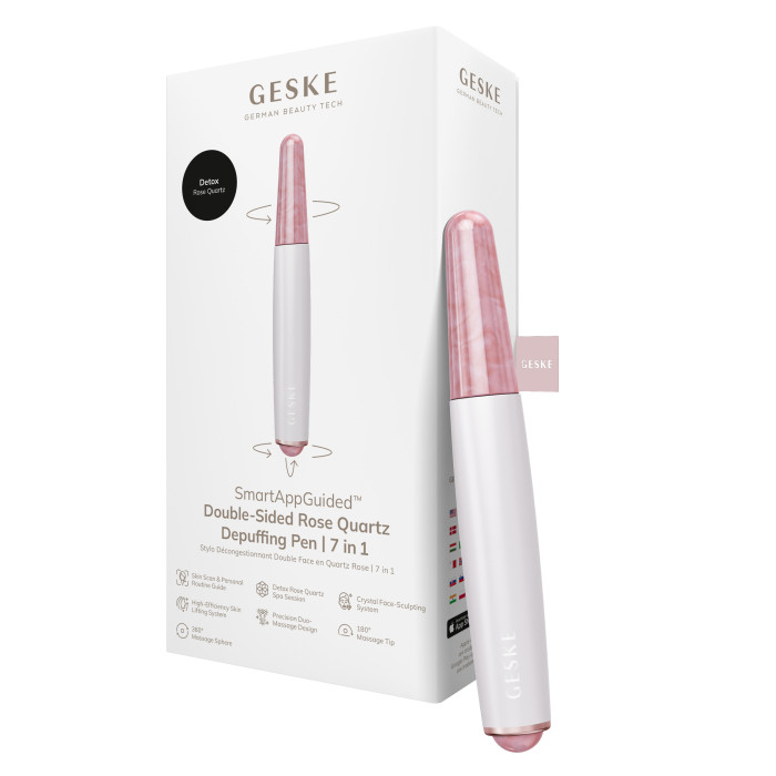 Ручка-масажер для обличчя з рожевим кварцом GESKE SmartAppGuided Double-Sided Rose Quartz Depuffing Pen 7в1 starlight