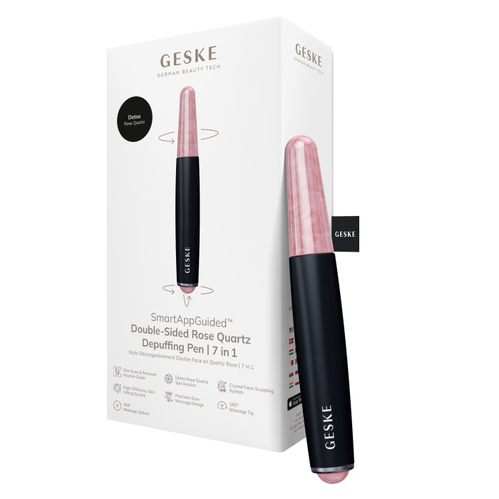 Ручка-масажер для обличчя з рожевим кварцом GESKE SmartAppGuided Double-Sided Rose Quartz Depuffing Pen 7в1 black
