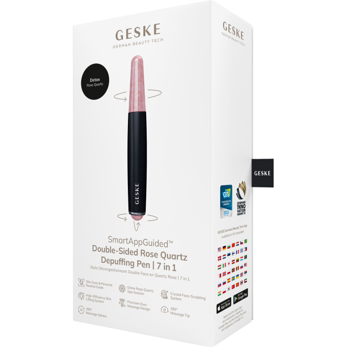 Ручка-масажер для обличчя з рожевим кварцом GESKE SmartAppGuided Double-Sided Rose Quartz Depuffing Pen 7в1 black