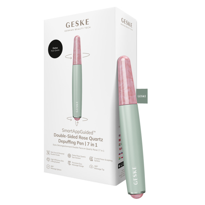 Ручка-масажер для обличчя з рожевим кварцом GESKE SmartAppGuided Double-Sided Rose Quartz Depuffing Pen 7в1 green