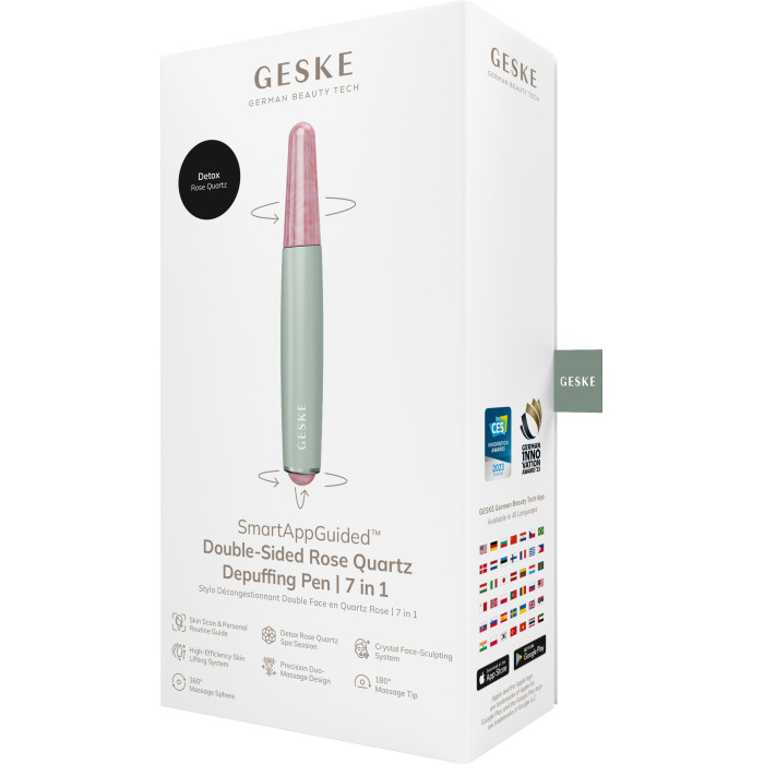 Ручка-масажер для обличчя з рожевим кварцом GESKE SmartAppGuided Double-Sided Rose Quartz Depuffing Pen 7в1 green