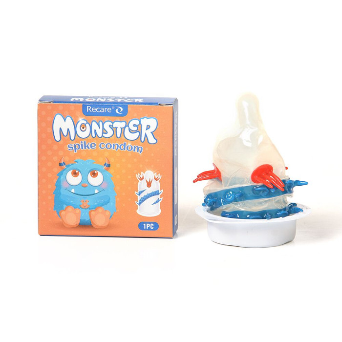 Насадка на член Recare Blue Monster Spike Condom (презерватив з вусиками та спіраллю шипів)