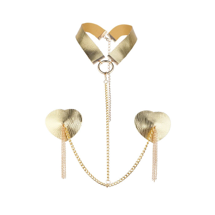 Пестис-сердечка з пензликами та чокером JSY Nipple Sticker RT236114 Golden