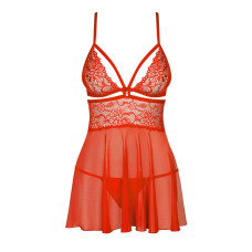 Бебі-дол Obsessive 838-BAB-3 babydoll & thong, L/XL, червоний, мереживний ліф, стрінги в комплекті