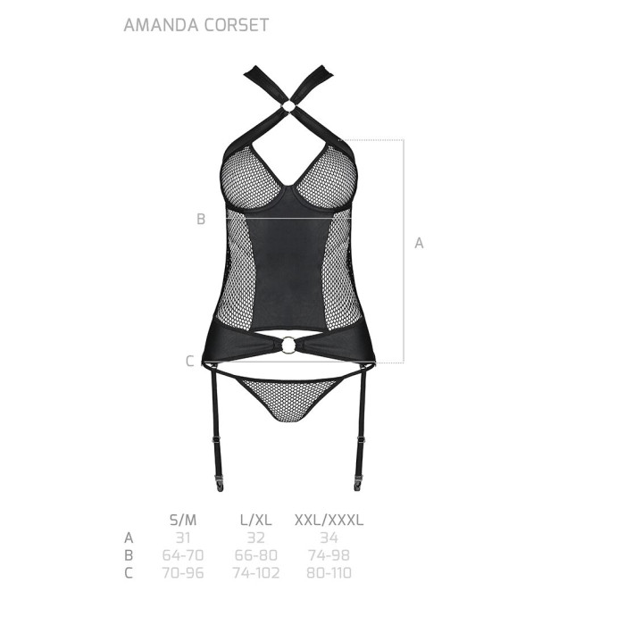 Сітчастий комплект корсет з халтером, зйомні підв'язки та трусики Passion AMANDA CORSET S/M, black