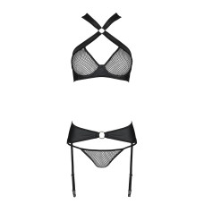 Сітчастий набір AMANDA SET L/XL, Black, бюстгальтер з халтером, трусики та пояс для панчох