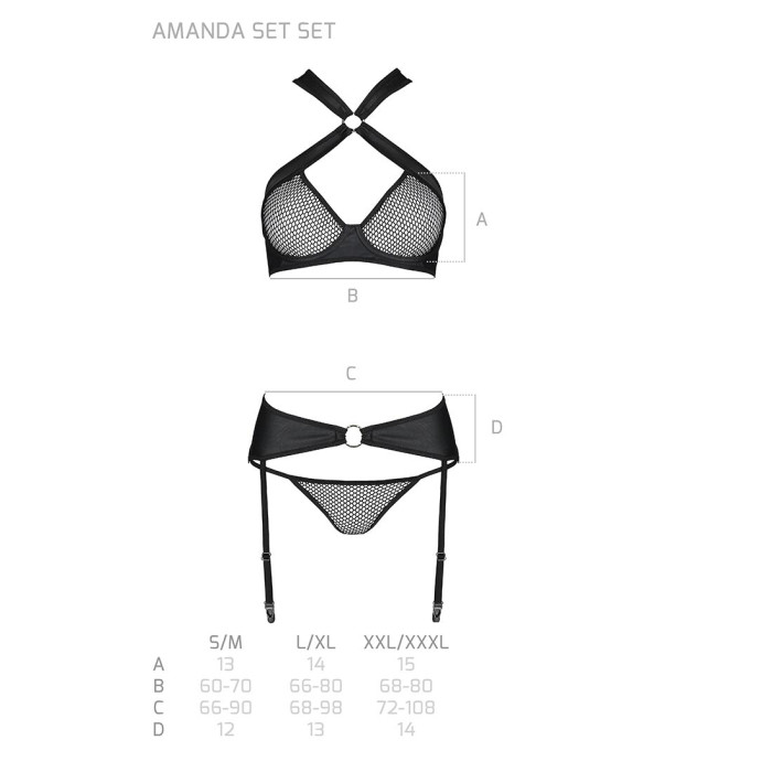 Сітчастий набір AMANDA SET L/XL, Black, бюстгальтер з халтером, трусики та пояс для панчох