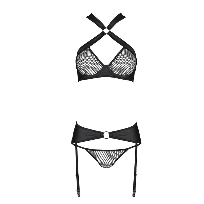 Сітчастий набір AMANDA SET S/M, Black, бюстгальтер з халтером, трусики та пояс для панчох