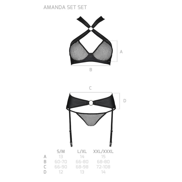 Сітчастий набір AMANDA SET S/M, Black, бюстгальтер з халтером, трусики та пояс для панчох