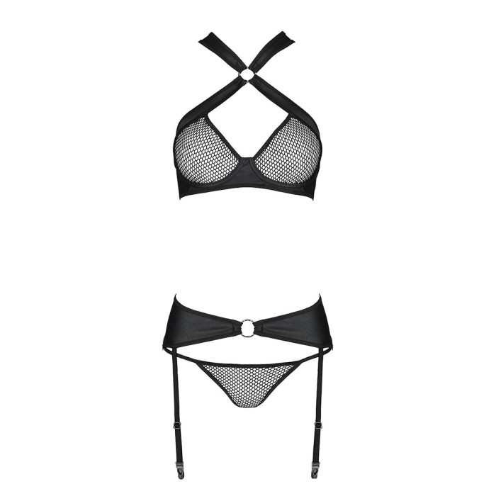 Сітчастий набір AMANDA SET XXL/XXXL, Black, бюстгальтер з халтером, трусики та пояс для панчох