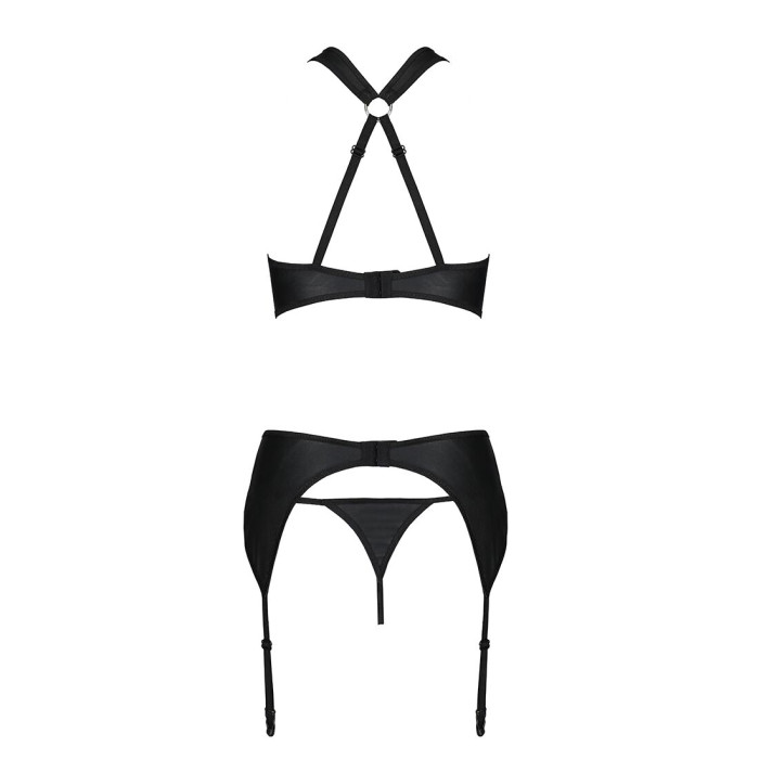 Сітчастий набір AMANDA SET XXL/XXXL, Black, бюстгальтер з халтером, трусики та пояс для панчох