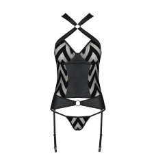 Сітчастий комплект із візерунком, корсет, підв'язки, трусики Passion HIMA CORSET XXL/XXXL black