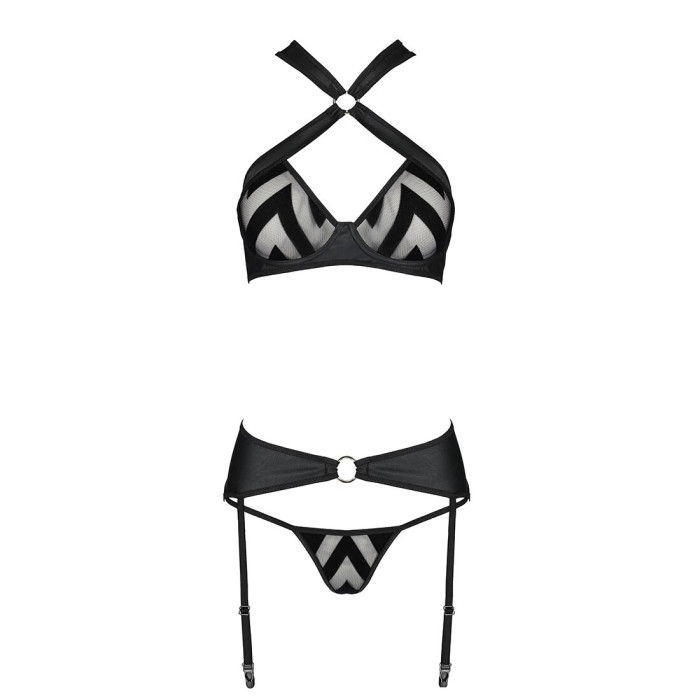 Сітчастий набір з візерунком Passion HIMA SET L/XL, Black, бюстгальтер, трусики, пояс для панчіх
